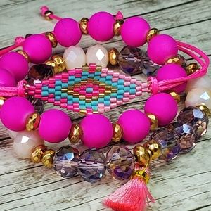 Stackable bracelet set pink indian glass